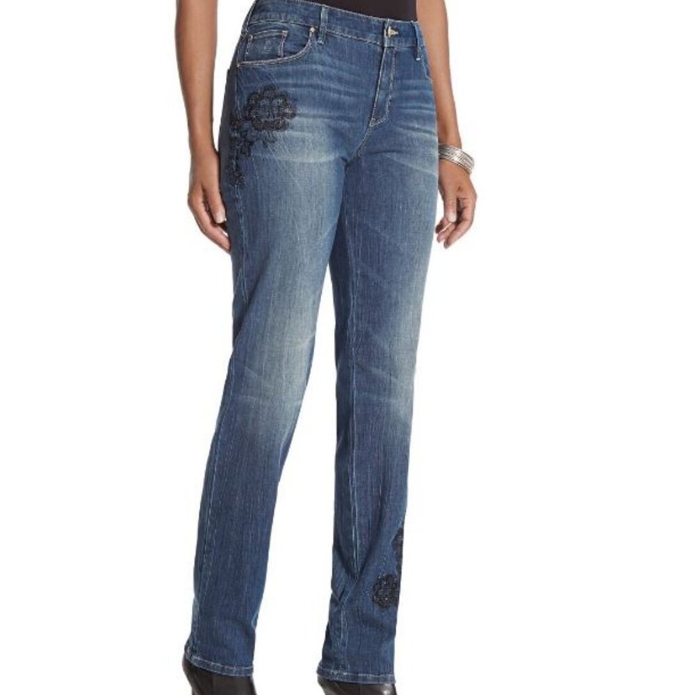 Chico's Platinum Floral Embroidered Boyfriend Jeans With Rhinestones Size 4
